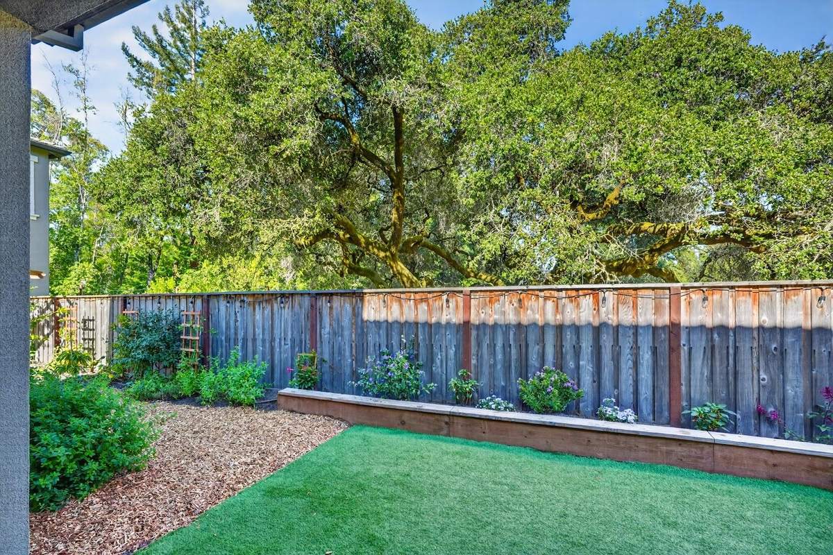 Back yard of 300 Village Lane: a wide oak canopy above the rear fence, a raised planting bed and a mulch path